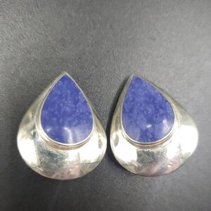 925 Sterling Silver Teardrop Design with Lapis Lazuli Inlay Clip Earrings